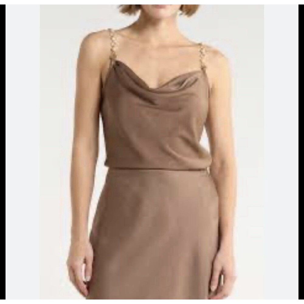 Women’s Tash And Sophie Champagne Satin Hardware Top Cami Gold Strap Cowl Neck L